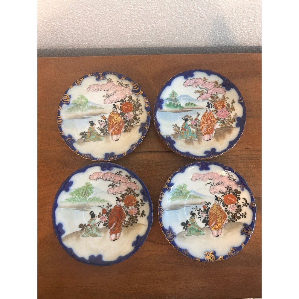 Vintage Kutani Japanese Porcelain Saucers Set of 4 Cobalt Blue Gold Hand Paint
